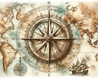 Impression d'art carte du monde vintage : carte marine, rose des vents