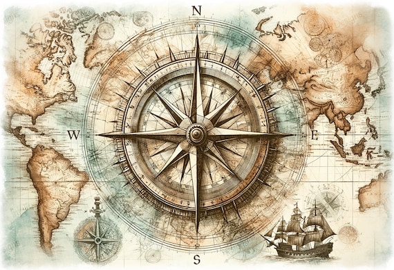 Vintage World Map Art Print: Nautical Chart Compass Rose