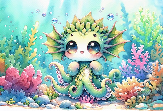 Coral the Kraken Art Print: Underwater Chibi Fantasy