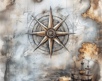 May include: A vintage nautical map with a compass rose in the center, a ship sailing on the sea, and rocky islands. The map is faded and has a distressed look, with brown and white tones.