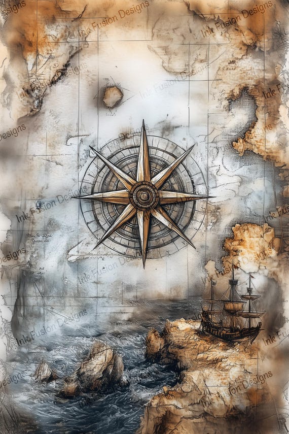Vintage Nautical Map Art Print: Compass Rose, Ship, Sea Voyage