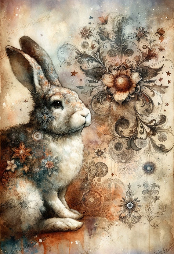 Celestial Rabbit Art Print: Whimsical Floral Hare Paper
