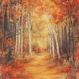 Könnte beinhalten: Aquarellmalerei einer herbstlichen Waldszene. Ein Weg führt durch die Bäume, mit Birken auf der linken Seite und anderen Bäumen auf der rechten Seite. Die Blätter sind in Orange- und Rottönen gehalten und strahlen Wärme aus.