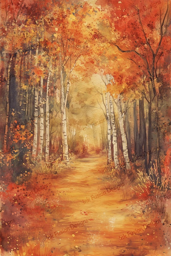 Watercolor Autumn Forest Art Print | Rustic Birch Tree Landscape