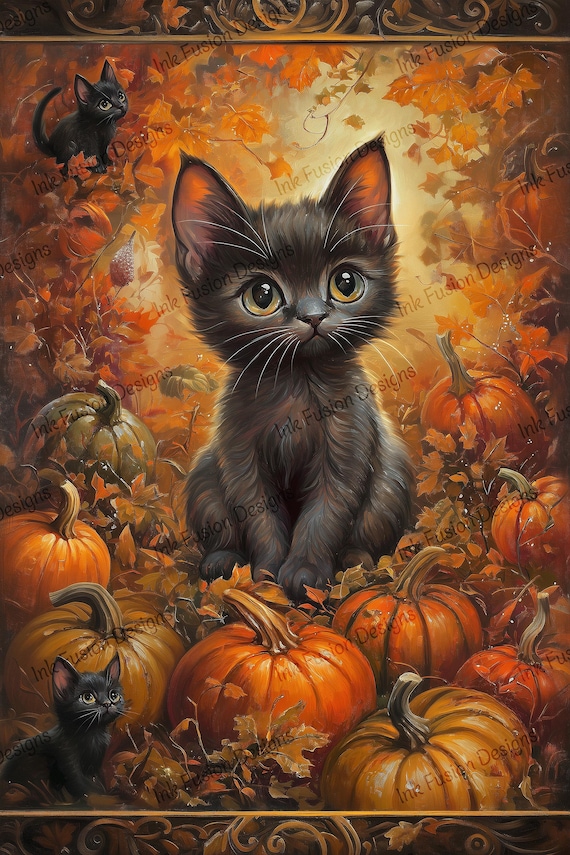 Fall Kitten Art Print | Whimsical Halloween Decor