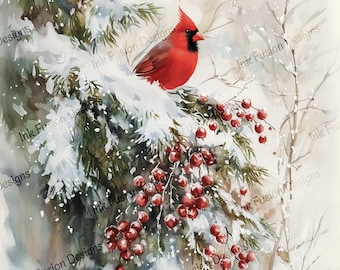 Cardinal in Snow Art Print: Winter Bird Watercolor