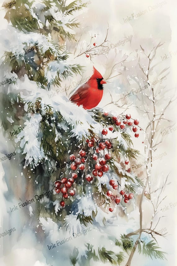 Cardinal in Snow Art Print: Winter Bird Watercolor
