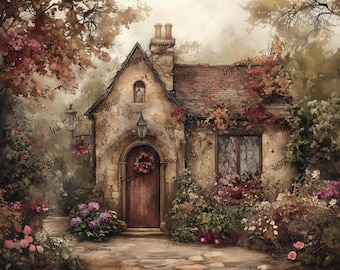 May include: Watercolor painting of a quaint cottage with a stone facade and a red-tiled roof. The cottage is surrounded by lush greenery, including flowering bushes and trees with autumn foliage. A wooden door is adorned with a wreath.
