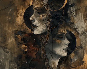 May include: Abstract digital art featuring two women's faces with gold accents and a crescent moon. The background is a textured brown and black with the words "Ink Fusion Designs" repeated throughout.