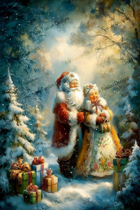 Yuletide Sweethearts | vintage Santa & Mrs Claus art print, snowy forest Christmas wall decor