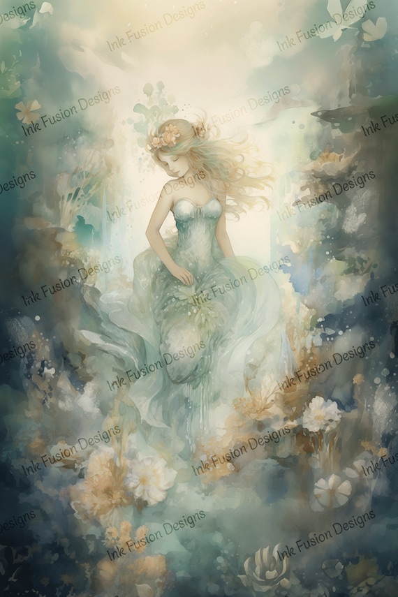 Lady of the Lake Art Print: Ethereal Watercolor Nymph