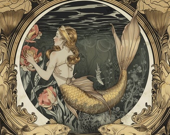 Bloemenmeerminkunstprint: gouden staart fantasie, elegant woondecoratie
