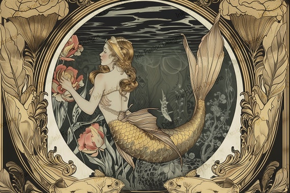 Floral Mermaid Art Print: Golden Tail Fantasy, Elegant Home Decor