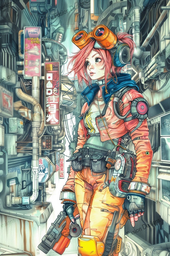 Cyberpunk Girl Art Print: Nova Circuit, Futuristic Cityscape