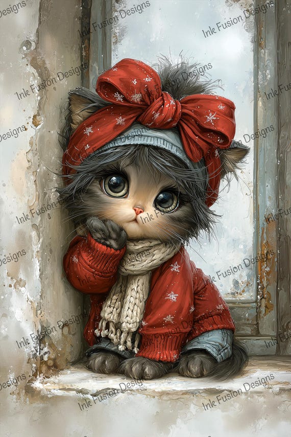 Cozy Marie The Red Bow Cat - Decorative Decoupage Paper, Whimsical Holiday Junk Journal Sheet
