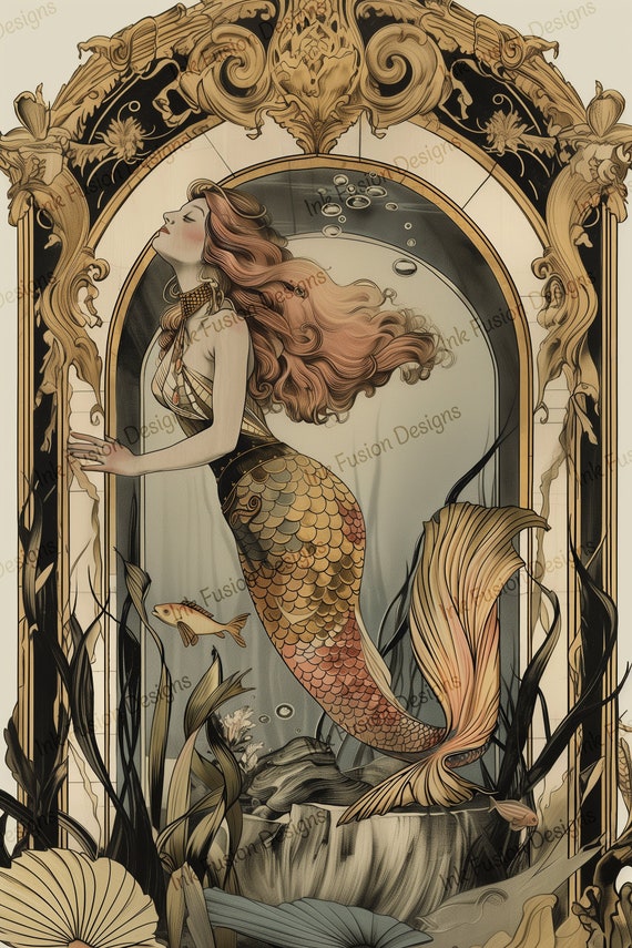 Red-Haired Mermaid Art Nouveau Print: Vintage Underwater Fantasy