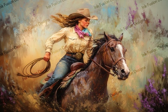 Cowgirl Art Print: Vintage Rodeo, Galloping Horse (Decorative Art Paper A4 Size Available)