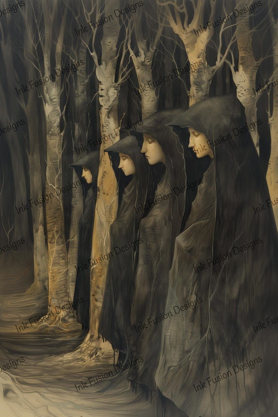 Ethereal Forest Art Print: Hooded Figures, Birch Trees