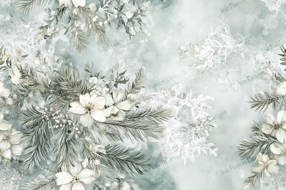 Winter Floral Art Paper: Frosty Pine, Ivory Flowers - Decoupage Print