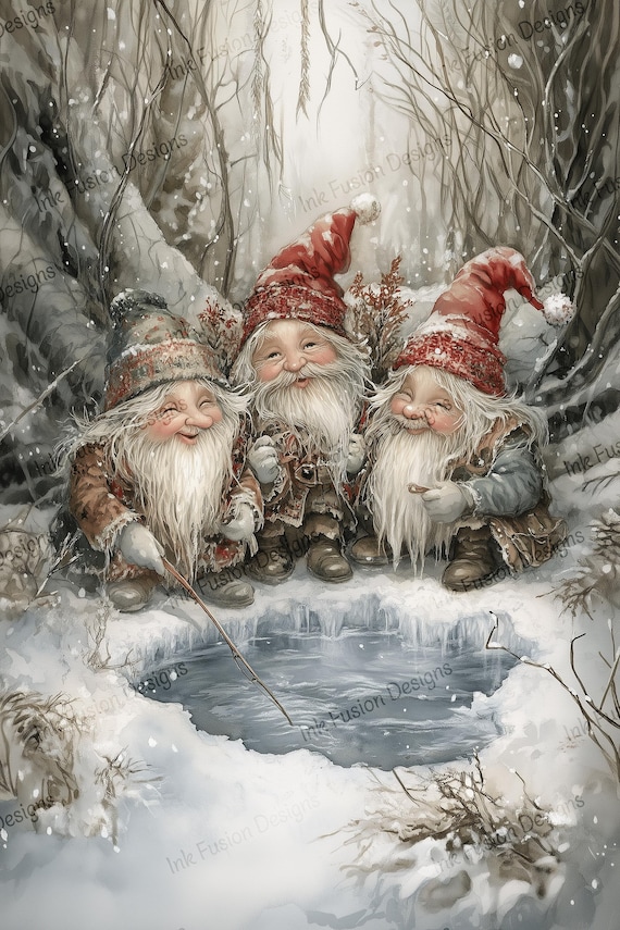 Winter Gnomes Art Print: Ice Fishing Scene, Holiday Decor