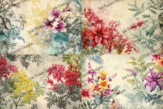 Victorian Garden Art Paper: Soft Watercolor Floral Collage (Multiple Sizes & Paper Options Available)