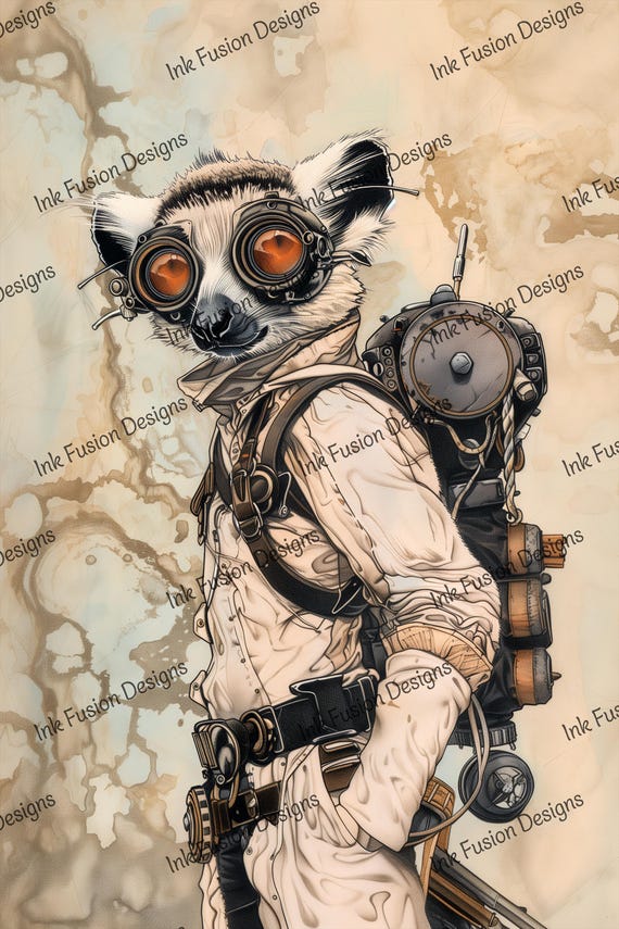 Steampunk Ghostbuster Lemur Art Print: Winston Furmore Decorative Paper