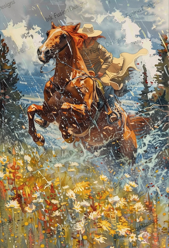 Cowboy Horse Art Print: Western Wild Ride, Decorative Paper