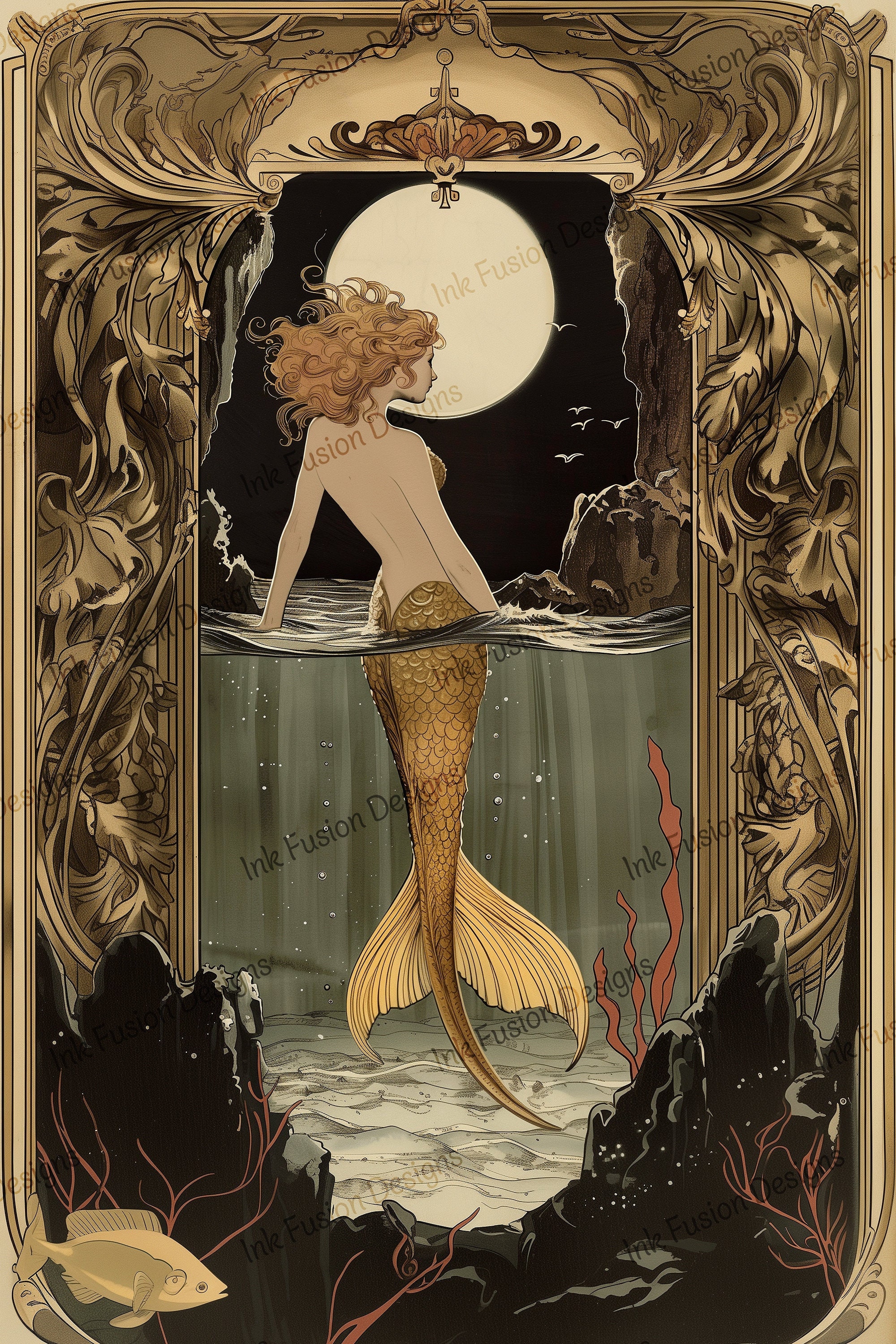 Art Nouveau Mermaid Print: Luxora, Moonlit Fantasy Art Paper - Etsy