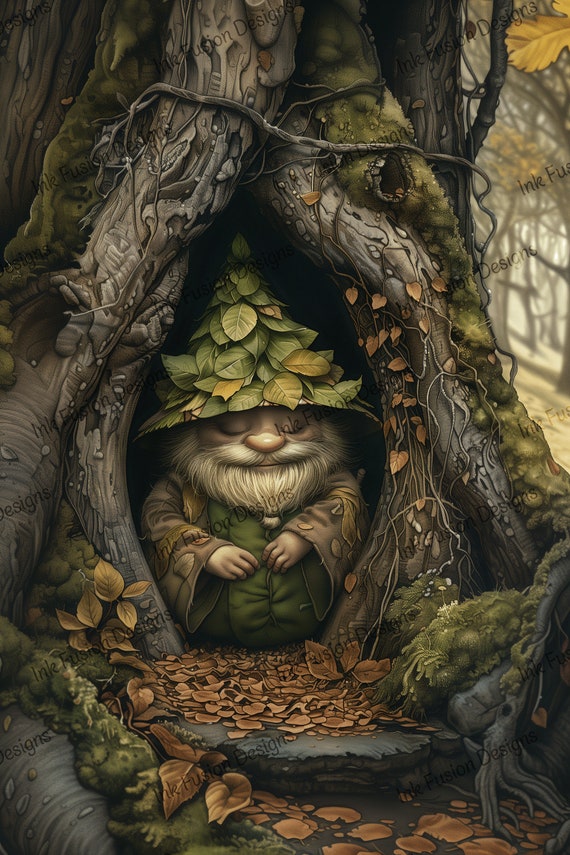 Gnome Art Print: Peaceful Tree Hollow Scene, Whimsical Forest Paper