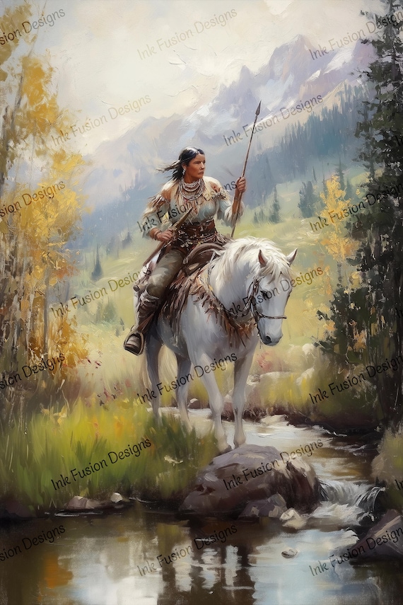 Indigenous Woman on White Horse Art Print: Western Frontier Decor
