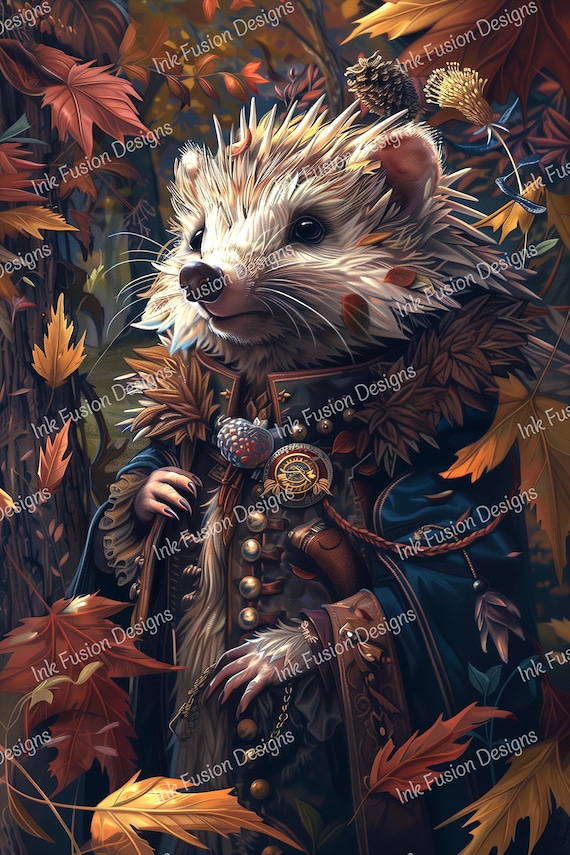 Sargeant Badger of the Order Leafcloak - fantasy hedgehog portrait art, storybook woodland illustration print
