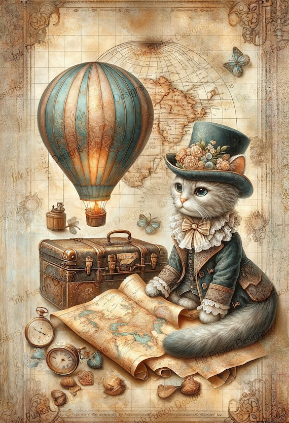 Steampunk Cat Print: Whiskers the Traveler, Vintage Map Art