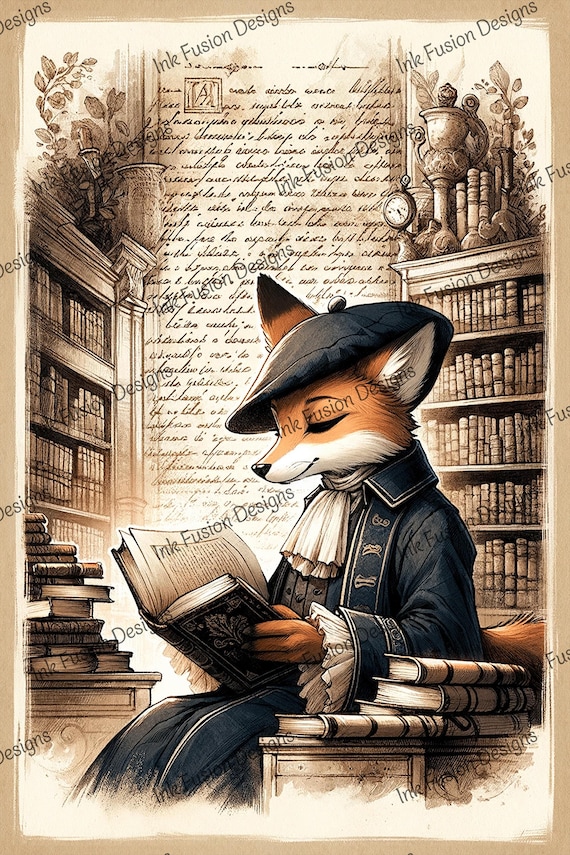 Victorian Fox Library Art Print: Felicity Reading (Paper Options)
