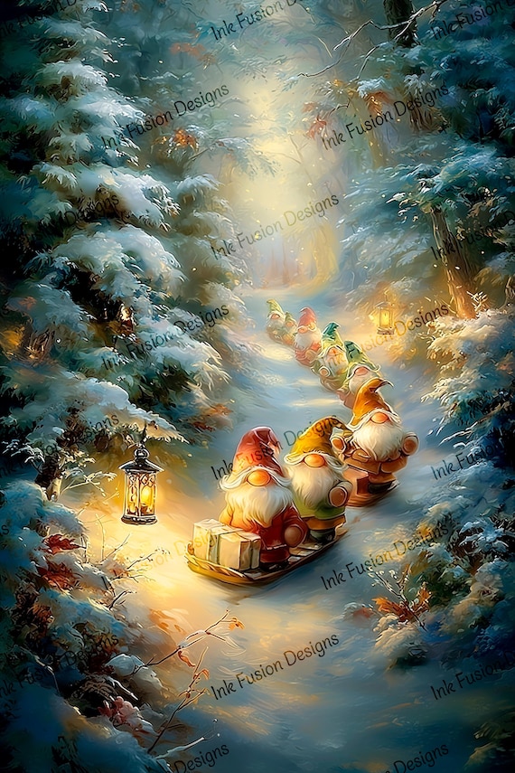 Midnight Sleigh of the Winter Gnomes festive gnome illustration, enchanted winter woodland art print