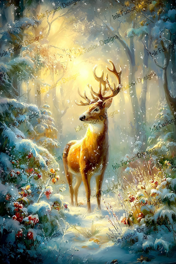 Golden Light Buck — winter forest deer illustration, rustic cabin lodge art print