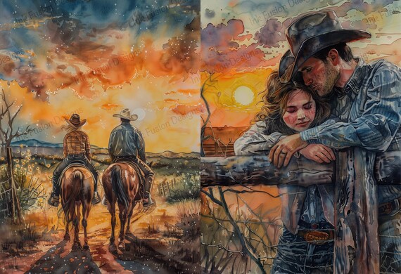 Western Sunset Art Print: Cowboy Romance, Rustic Home Decor