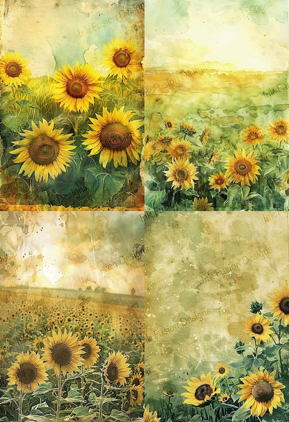 Sunflower Art Paper: Vintage Watercolor Floral Print 4 panels on 1 sheet
