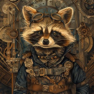 Raton laveur Roscoe | Papier d'art décoratif | Pilote steampunk fantaisiste | Haute qualité | Plusieurs options de papier et de format disponibles.
