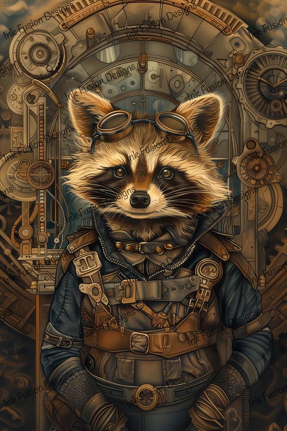 Steampunk Raccoon Pilot Art Print: Whimsical Animal Illustration