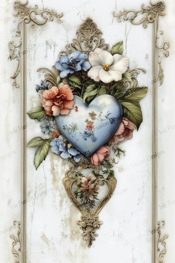 Floral Porcelain Heart Art Paper: Vintage Decoupage Craft