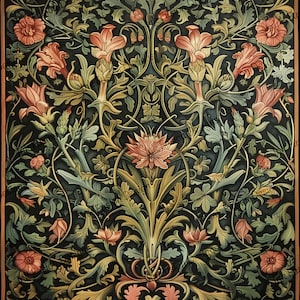 Tapiz botánico vintage / Papel decorativo / Motivo floral medieval estilizado / Alta calidad / Opciones de papel y tamaño