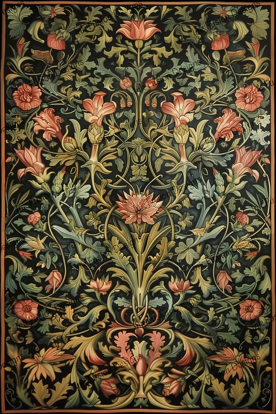 Vintage Botanical Tapestry Art Paper: Medieval Floral Motif