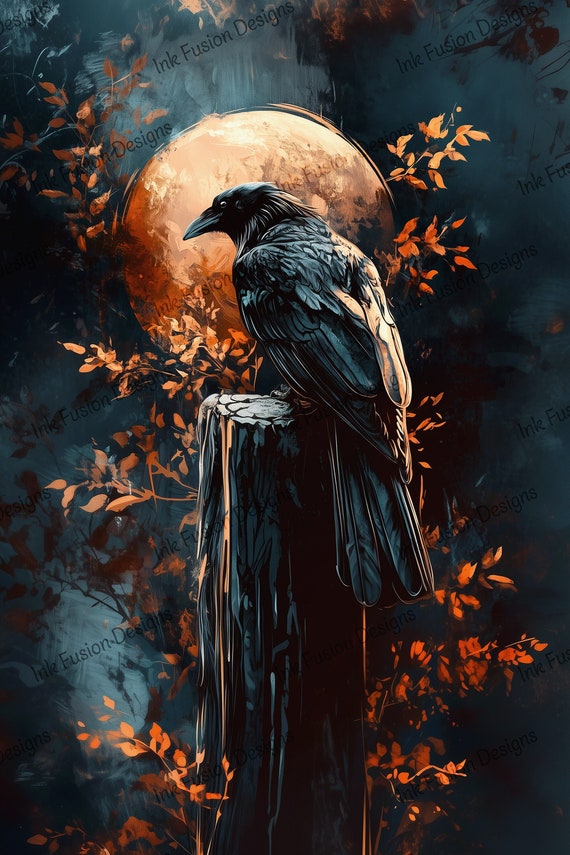 Mystical Crow Art Print: Full Moon, Autumn Night Scene