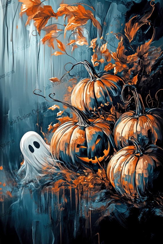 Ghost in Pumpkin Patch Art Print: Spooky Halloween Decor