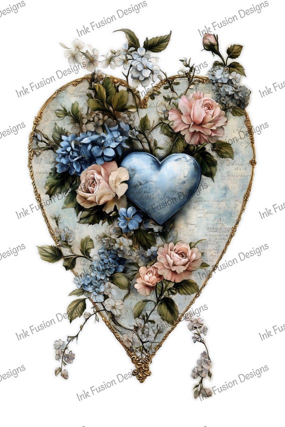 Vintage Floral Heart Art Print: Blue Hydrangeas & Pink Roses
