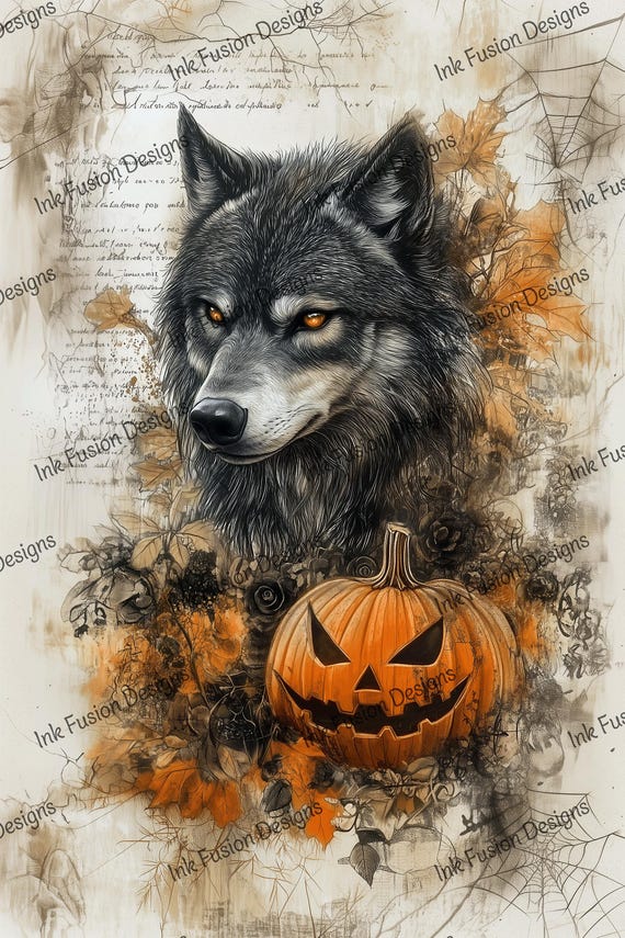 Wolf Halloween Art Print | Gothic Jack-o-Lantern, Autumn Leaves