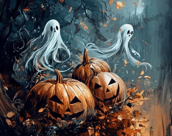 Haunted Pumpkin Patch Art Print: Whimsical Ghosts, Halloween Decor