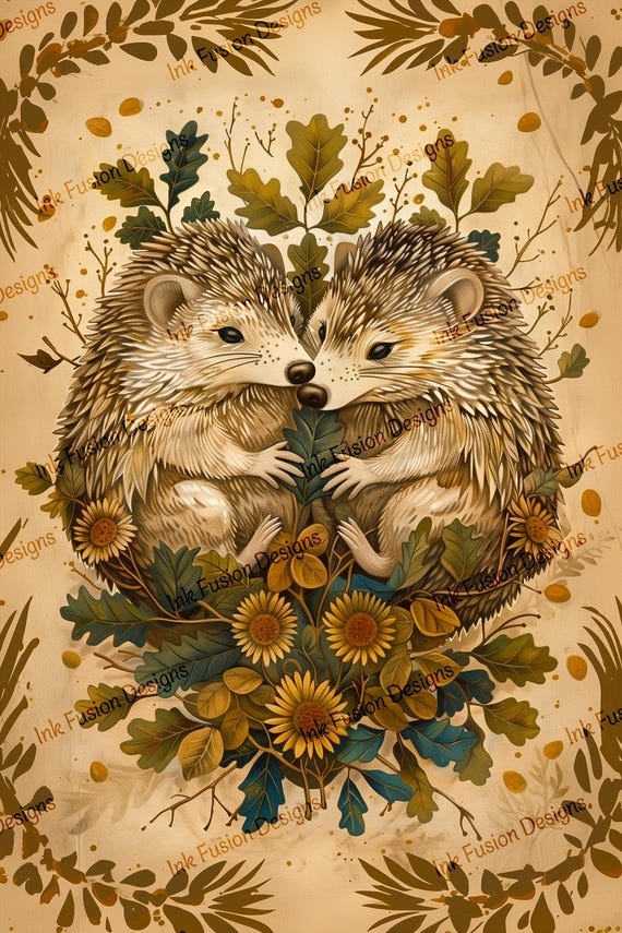 Hedgehog Couple Art Print – Cottagecore Floral Decoupage Paper
