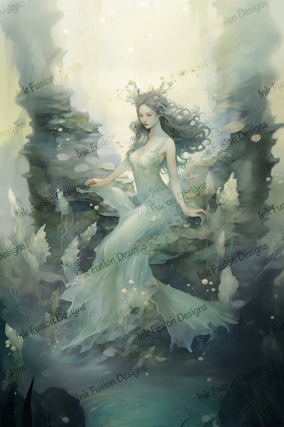 Sea Maiden Art Print: Selia Beneath the Waves, Ethereal Decoupage Paper