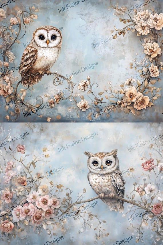 Owl & Roses Art Paper: Whimsical Woodland Print for Decoupage